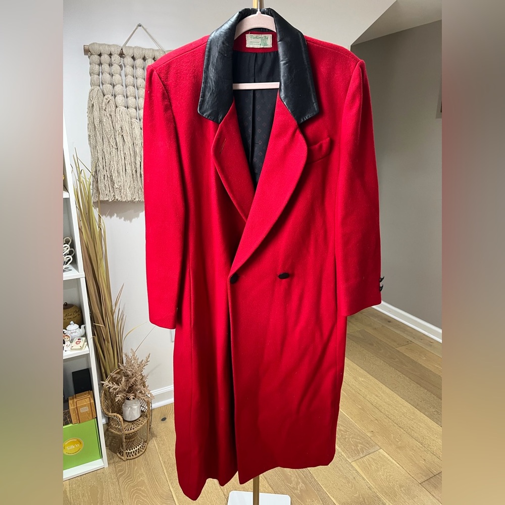 VINTAGE 80s Fashions By Jill Wool Trench Coat. Black leather